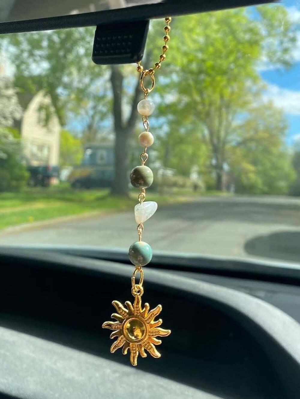 Sun Hanging Car Charm,Gold Rear View Mirror Accessories,Boho Crystals Decor